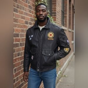 Vintage Cordovan Leather Black Men's Jacket with Patches Size 38 Bomber Coat